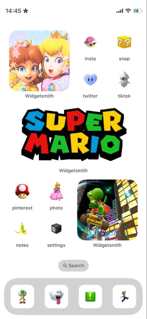 Super Mario Widget, Super Mario Homescreen, Mario Phone Theme, Mario Homescreen Layout, Mario Homescreen, Notion Inspo, Future Iphone, Ios Themes, Iphone Themes