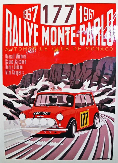 Rally Monte Carlo, Poster 1967 Rally Car Design, Auto Racing Posters, Cars Poster, Vintage Racing Poster, Monte Carlo Rally, Motorsport Art, Cars Design, Auto Retro, Austin Mini