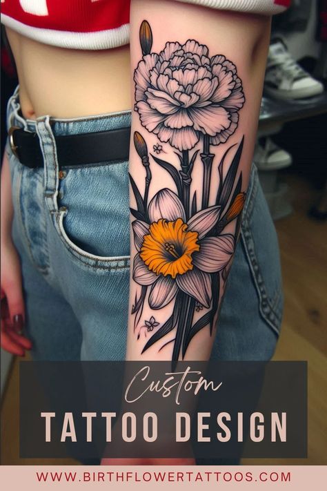 Elegant Carnation and Daffodil Flower Tattoo - January and March Birth Flower Design Sunflower Elbow Tattoo, Daffodil Tattoo Sleeve, Daffodil Flower Tattoo, March Birth Flower Tattoo, Daffodil Flower Tattoos, Narcissus Flower Tattoos, Carnation Flower Tattoo, Queen Bee Tattoo, March Birth Flower