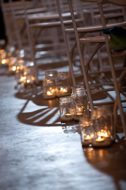 Mason jars. If I wanted a conventional wedding, this would be the perfect decor. Candlelit Aisle, Wedding Aisle Candles, Centerpiece Candles, Aisle Candles, Floating Candle Centerpieces, Aisle Markers, Ceremony Aisle, My Yellow, Ball Jar