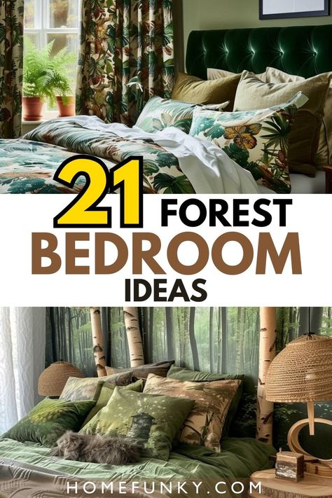 Cozy bedroom Woodsy Bedroom Decor, Forest Themed Bedroom Ideas, Woodland Bedroom Adult, Folklore Room, Forest Inspired Bedroom, Forest Bedroom Ideas, Woodsy Bedroom, Forest Bedroom Decor, Nature Themed Bedroom