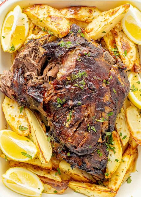 Greek Slow Roasted Lamb - www.thescranline.com Lamb Slow Cooker Recipes, Slow Roasted Lamb, Lamb Roast Recipe, Greek Spices, Greek Lemon Potatoes, Lamb Leg Recipes, Greek Lamb, Lamb Dinner, Slow Roast Lamb