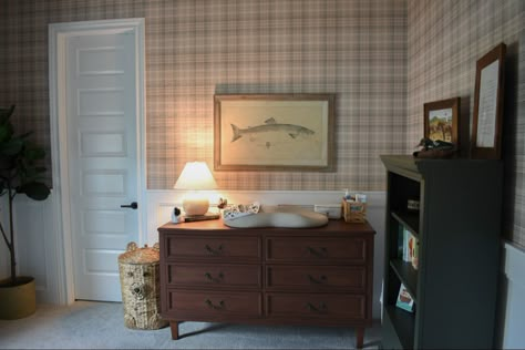 Boys nursery hunting fishing plaid wallpaper ducks Cherry Nursery Furniture, Fishing Lodge Nursery, Vintage Hunting And Fishing Nursery, Nursery Ideas Fishing, Fishing Baby Boy Nursery, Vintage Cabin Nursery, Hunting Lodge Nursery, Lake House Nursery, Vintage Duck Nursery Theme