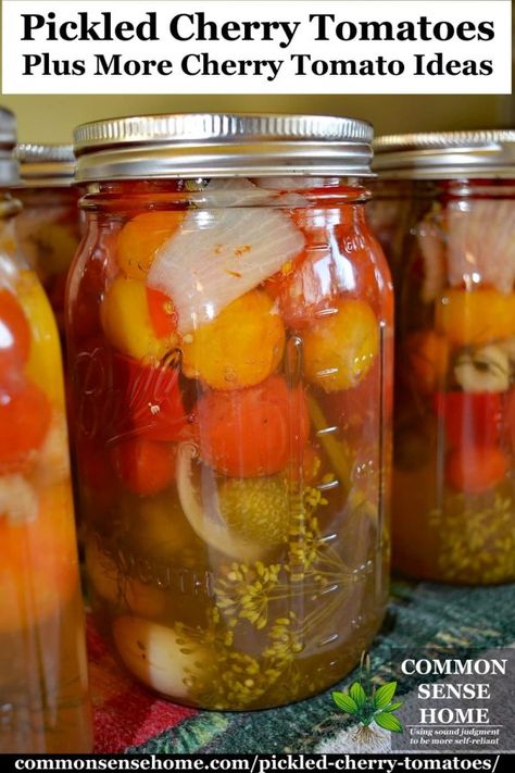 Pickled Cherry Tomatoes Recipe, Tomatoes For Canning, Tomato Ideas, Pickled Cherry Tomatoes, Canning Cherry Tomatoes, Canning Tomatoes Recipes, Pickled Tomatoes, Pickled Cherries, Bake Banana