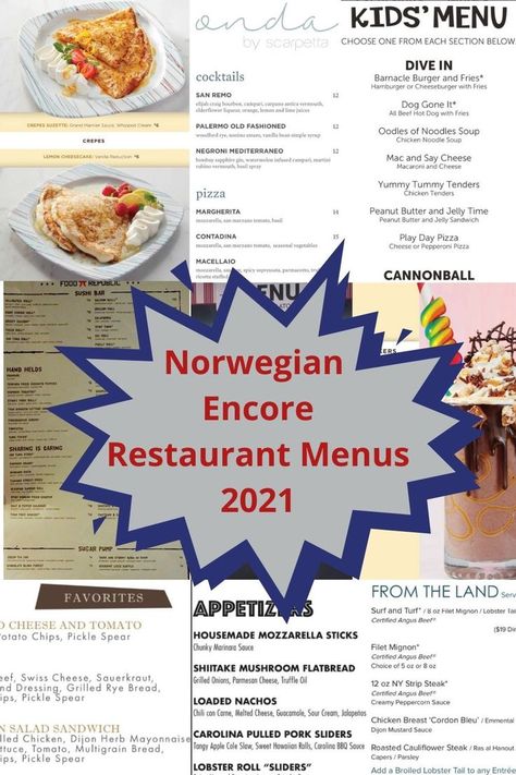 ALL NCL Encore dining menus are here! Haven menus, MDR menus, specialty restuarant menus and MORE! Ncl Encore, Norwegian Encore, Peanut Butter Jelly Sandwich, Ncl Cruise, Bistro Menu, Blue Menu, Diner Menu, Cruise Food, Dining Menu