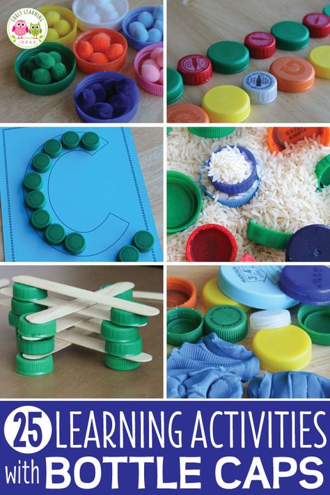 Plastic bottle caps are perfectly sized for little hands and can be used for so many ways in schools. Here are 25 ways to upcycle plastic bottle caps for learning activities with kids. Perfect for preschool, pre-k, kindergarten, pre-kindergarten, prep, and SPED. DIY activities and ideas for math centers, literacy centers, reading centers, sensory bins, are included. #preschool #preschoolactivities #plasticbottlecaps Activities With Kids, Upcycle Plastic, Kindergarten Prep, Plastic Bottle Caps, Preschool Centers, Pre Kindergarten, Reading Centers, Diy Activities, Fine Motor Activities