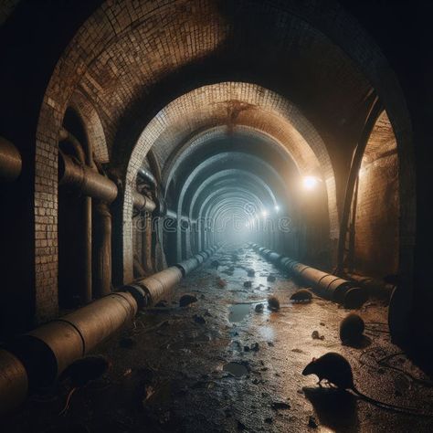 A grim, filthy sewer tunnel with rats. stock photo Comic Environment, Sewer Tunnel, Sewer Rat, Rat Infestation, Fruit Animals, Spooky Halloween Decorations, Hyena, Character Ideas, Vector Pattern