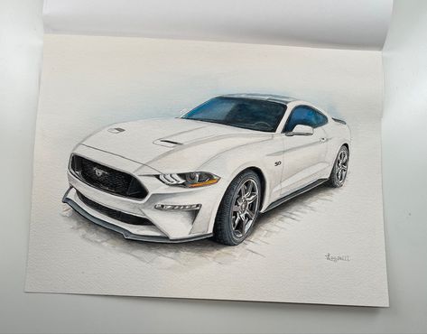 Big oak watercolor painting of a white Mustang GT #mustanggt Mustang Car Painting, White Mustang Gt, Oak Watercolor, Mustang Painting, Custom Mustang, White Mustang, Car Portrait, Mustang Car, For Mustang