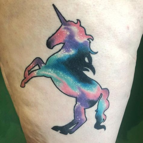 By @jillhollingsworthtattoo for Carly! #bujutattoo #jillbuju #sandiegotattoo  #unicorn #unicorntattoo #outerspace Unicorn Tattoo Ideas Unique, Unicorn Moon Tattoo, Creepy Unicorn Tattoo, Watercolour Unicorn Tattoo, Tatoos Woman Unicorn, San Diego Tattoo, Unicorn Tattoos, Tattoos For Women Half Sleeve, Watercolor Tattoo