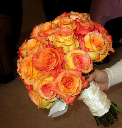 Bouquet Bridal: Orange and Yellow Roses Bridal Bouquet Pictures but with plum and lace ribbon wrapped around bottom Bouquet Pictures, Orange Rose Bouquet, Flowers Roses Bouquet, Orange Bridal Bouquet, Yellow Wedding Bouquet, Orange Bouquet, Roses Orange, Plan Wedding, Peach Wedding Flowers