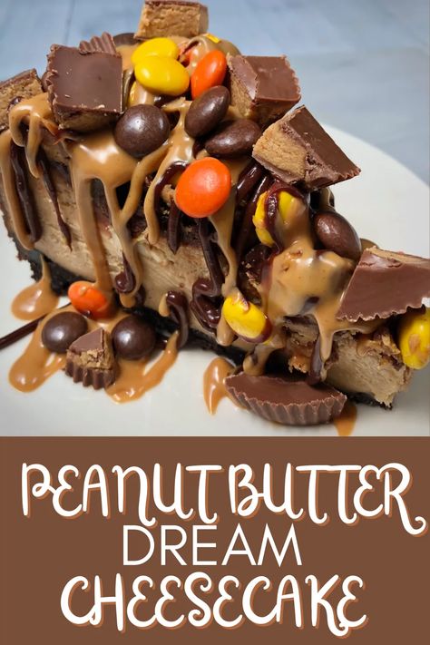 Resses Peanut Butter Cup Cheesecake, Reese Pieces Cheesecake, Chocolate And Peanut Butter Cheesecake, Reeses Pieces Cheesecake Recipe, Reeces Pieces Cheesecake, Reese Cheesecake Recipe, Reese’s Peanut Butter Cheesecake, Reese's Desserts, Nutter Butter Cheesecake