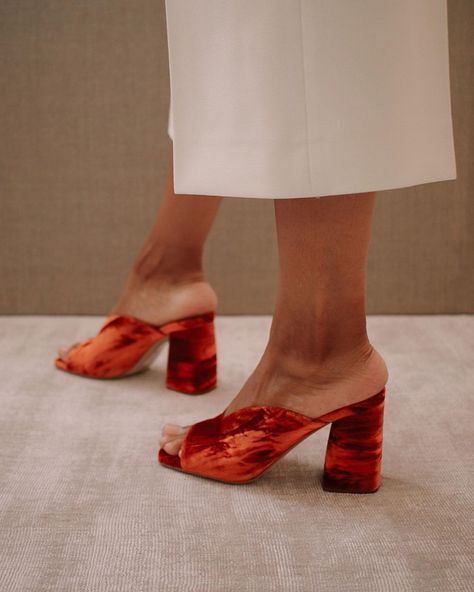 ALOHAS on Instagram: “Her name is Frenchie. Can you guess where we got the inspo from?  #frenchieorange #dinerlove  #alohas” 21 Diner, Velvet Mules, Orange Jeans, Velvet Sandals, Orange Square, Square Toe Shoes, Chunky Heel Shoes, Colorful Heels, Look Retro