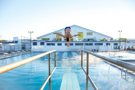 Diving Senior Pictures, Diving Board Photoshoot, Senior Picture Ideas For Swimmers, Free Diving Photography, Swimmer Diving Into Pool, Diver, Senior Photos, Senior Pictures, Diving