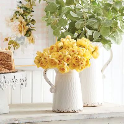 COUNTRY COTTAGE | Shop Sales Events Antique Farmhouse Simple Charms, Country Chic Kitchen, Farmhouse Vase, Vase Collection, White Pitcher, Vintage Farmhouse Style, Flowers In Jars, Wooden Lanterns, Vintage Pitchers