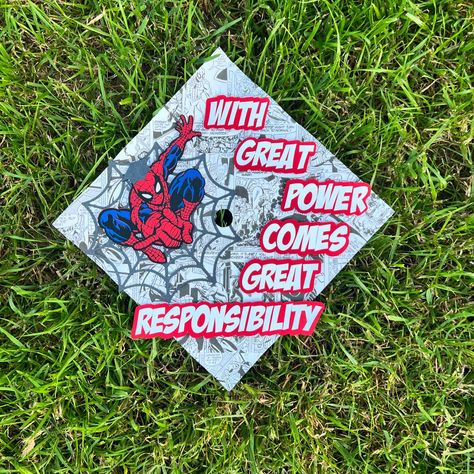 Spiderman Graduation Cap Ideas, Marvel Grad Cap, Marvel Graduation Cap Ideas, Spiderman Graduation Cap, Graduation Cap Decoration Diy, Grad Cap Designs, Friend Graduation, Grad Ideas, Cap Decoration