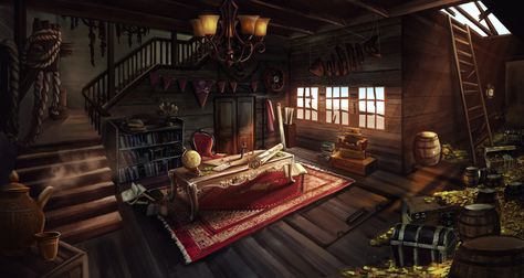 Pirate ship interior, Zz Thor on ArtStation at https://www.artstation.com/artwork/RePGm Pirate Ship Room, Concept Art Room, Pirate Ship Interior, Pirate Ship Design, Homemade Pirate Costumes, Ship Interior, Pirate Room, Captains Quarters, Pirate Crafts