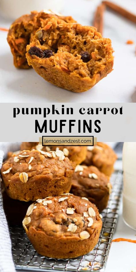 Carrot Pumpkin Muffins, Pumpkin Carrot Muffins, Muffin Pumpkin, Lemon Zest Recipes, Carrot Muffin, Carrot Pumpkin, Raisin Muffins, Whole Wheat Muffins, Fall Favorites Recipes