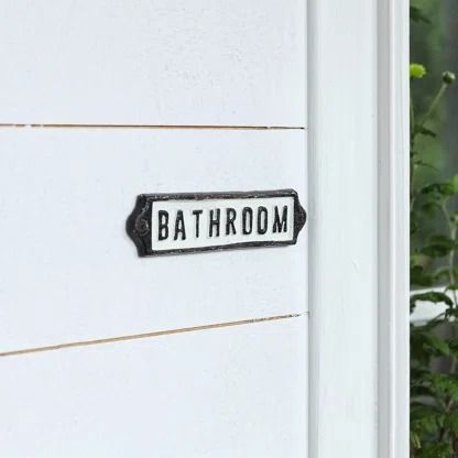 Mike & Melissa | Wayfair Bathroom Door Signs, Bathroom Door Sign, Outdoor Bathroom Design, Office House, Cast Iron Wall, Outdoor Bathroom, Retail Signs, Bathroom Size, Bathroom Decorating