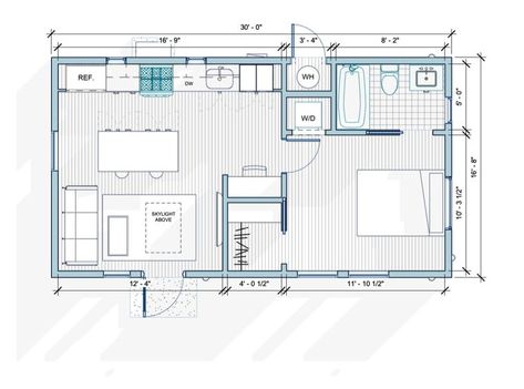 500 sq. ft. 1 Bedroom, 1 Bath Standard ADU Plan for Los Angeles Guest Bedroom Floor Plan, 1 Bedroom Loft House Plans, One Bedroom Adu Floor Plans, 1 Bedroom Adu Plans, Adu Bathroom Ideas, One Bedroom Adu, Tiny Home Floorplan 1 Bedroom, Adu Plans One Bedroom, Small House Layout 1 Bedroom