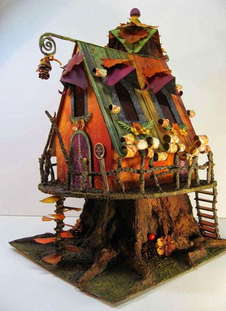 craft knife chronicles: Autumn Fairy House. Laura Denison of Following the Paper Trail decided to showcase her Autumn Fairy house pattern with this paper collection lauradenisondesigns.com Haunted House Craft, Fairy Tree Houses, Fairy Village, Autumn Fairy, Fairy Furniture, Faeries Gardens, Fairy Tree, Fairy Crafts, Fairy Garden Houses