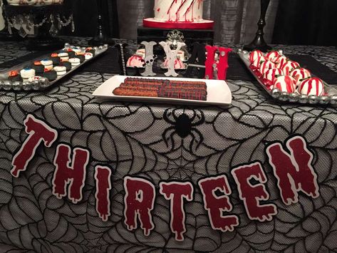 Friday The 13 Birthday Party, Friday The Thirteenth Party Ideas, Scary Movie Birthday Party Ideas, Friday 13th Birthday Party, Friday 13 Birthday Party Ideas, Horror Birthday Theme, Friday The 13th Party Ideas Decoration, Friday The 13th Birthday Party Ideas, Emo Birthday Party Ideas