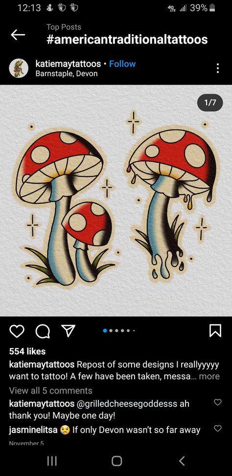 Traditional Mushroom Tattoo Flash, Trad Mushrooms Tattoo, Leg Tattoos American Traditional, American Traditional Mushroom, Mushroom Knee Tattoo, Mushroom Flash Tattoo, Traditional Mushroom Tattoo, Toadstool Tattoo, Neo Trad Tattoo Design