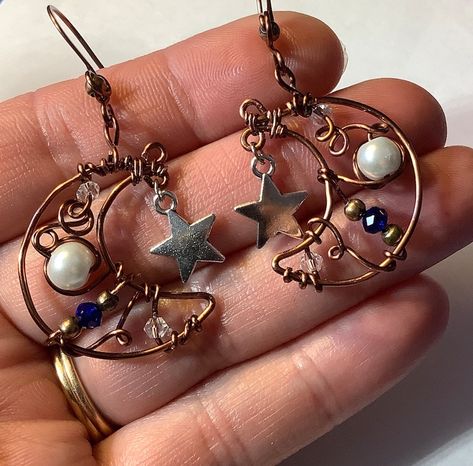 Copper or Silver Crescent Moon & Star Earrings With Silver - Etsy Everyday Celestial Style Earrings With Ear Wire, Metal Crescent Earrings With Ear Wire, Sun And Moon Earrings Wire, Witchy Earrings, Wire Wrapped Moon Shaped Earrings, Whimsical Moon-shaped Handmade Earrings, Moon And Star Earrings, Orange Agate, Crescent Moon Earrings