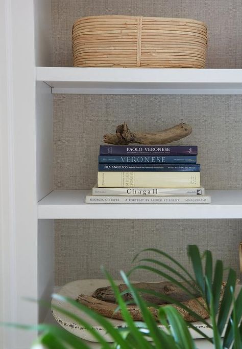 Taupe Wallpaper on Back of Shelves - Transitional - Living Room Grasscloth Wallpaper In Built Ins, Wallpaper Behind Built In Shelves, Wallpaper Shelf Backing, Wallpapered Shelves, Wallpaper Behind Shelves, Bookshelf In Bedroom, Wallpaper Bookcase, Grey Grasscloth Wallpaper, Beadboard Trim