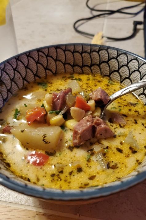 Andouille Sausage and Corn Chowder | "This was amazing. I would not change a thing about this recipe. My entire family loved it." #souprecipes #soupinspiration #soup #stew #chili #soupideas Potato And Andouille Sausage Soup, Andouille Sausage Soup, Soup With Andouille Sausage, Andouille Sausage And Potatoes, Soup Recipes With Andouille Sausage, Lentil And Andouille Sausage Soup, Sausage Potato And Corn Chowder, Corn Chowder With Sausage Soup Recipes, Andouille Sausage Recipes