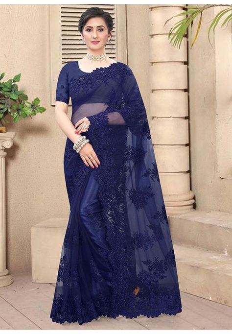 Navy Blue Resham Embroidered Net Saree Blue Net Saree, Net Blouses, Utsav Fashion, Half Sleeve Blouse, Net Saree, Blue Saree, Trendy Sarees, Wear Saree, Fancy Sarees