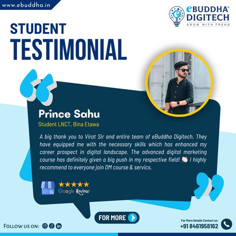 There's nothing more rewarding than hearing from our students! 🙌 Check out this amazing review from one of our talented Digital Marketing learners.

Ready to start your own journey toward a digital marketing course in Bhopal?
.
.
Join us today! 💼🚀 for more information, contact us: +91 8461958162
or email: ebuddhadigitech@gmail.com
.
.
#eBuddhadigitech #Digitalmarketingtraining #SEOtraining #marketingtraining #Review #digitalmarketingcourse #digitalmarketingreview Seo Training, Digital Marketing Course, Digital Marketing Training, Marketing Course, Google Reviews, Marketing Training, Nothing More, Marketing Courses, Join Us