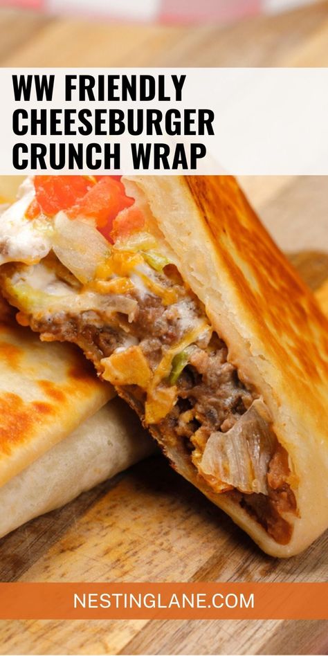 Satisfy your cravings with this delicious WW Friendly Cheeseburger Crunch Wrap recipe! Made with wholesome ingredients, this wrap packs a delicious punch while still being diet-friendly. The crispy toasted tortilla, juicy beef, melted cheese, and fresh veggies make for a winning combination. Perfect for a quick lunch or dinner, this recipe is sure to become a family favorite. Get the full recipe now and enjoy a guilt-free cheeseburger experience! MyWW Points: 2 Green Plan, 2 WW Smart Points. Cheeseburger Crunch Wrap, Crunch Wrap Recipe, Weight Watcher Wraps, Cheeseburger Wraps, Crunch Wrap, Wrap Recipe, Quick Lunch, Quick Lunches, Smart Points