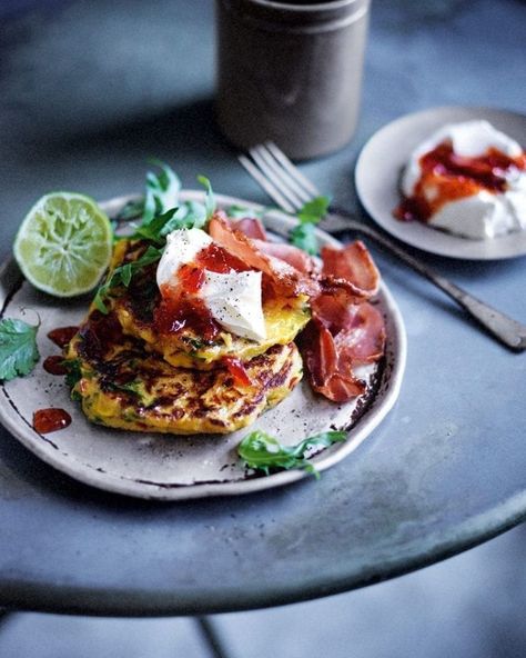 Corn fritters with crispy bacon, red pepper jam and soured cream Red Pepper Jam, Guacamole Dip Recipes, Pepper Jam, Guacamole Recipe Easy, How To Make Guacamole, Corn Fritters, Bacon Jam, Delicious Magazine, Fritter Recipes