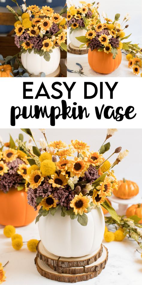 Diy Vases, Vases Diy, Pumpkin Table Decorations, Sunflower Centerpieces, Pumpkin Vase, Fall Decor Diy Crafts, Fall Decor Dollar Tree, Fake Pumpkins, Plastic Pumpkins