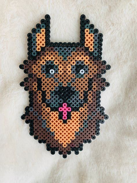 "German Shepherd Perler  Dimensions - 6 1/2\" x 4\"" German Shepherd Crafts, German Shepherd Perler Beads, Perler Bead Animal Patterns, Hama Beads Patterns Animals, Dog Perler Bead Patterns, Hammer Beads, Rave Candy, Perler Bead Designs, Animal Beads