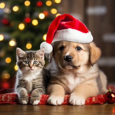 AI art of a puppy and kitten wearing a santa claus hat. Christmas Pet Photos, Cat And Dog Memes, Cat And Dog Photos, Puppy And Kitten, Christmas Pets, Merry Christmas Cat, Christmas Kitten, Animal Christmas, Raining Cats And Dogs