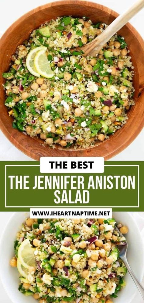 This viral Jennifer Aniston salad is made with quinoa, chickpeas, crunchy veggies and fresh herbs tossed with a lemon vinaigrette then topped with pistachios and feta! Chickpea Salad Quinoa, Jeniffer Aniston Salad, Jenifer Aniston Salad, Crunchy Salad Toppings, Jennifer Aniston Salad Recipe, Savory Potato Salad, Jennifer Aniston Salad, Aniston Salad, Quinoa Chickpea Salad