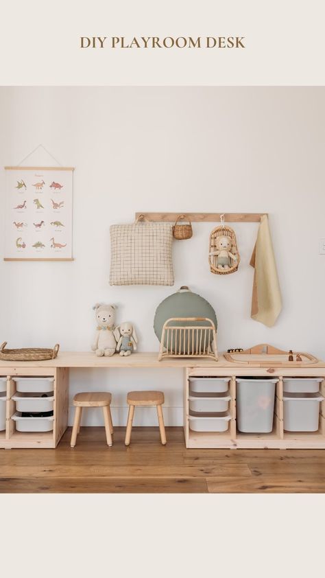 Tiffany Claire | Motherhood. Lifestyle. Home | Making a desk & storage out of Pine & Trofast *Save this for later* What you’ll need: - X2 TROFAST from IKEA - X2 Pine Panel 1800mmx… | Instagram Ikea Playroom Storage Trofast, Ikea Playroom Trofast, Ikea Play Rooms, Trofast With Desk, Ikea Desk Playroom, Trofast Storage Playroom, Trofast Nursery Storage, Ikea Book Shelves Hack, Wooden Playroom Ideas