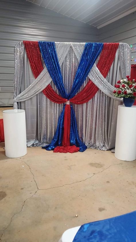 American Flag Room Decor, American Flag Room, Cake Backdrops, Wedding Church Decor, Curtain Backdrop, Wedding Background Decoration, Red Backdrop, Curtain Backdrops, Easy Backdrops