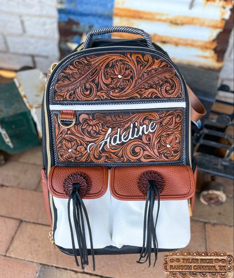 Tooled Leather Diaper Bag, Tooled Leather Backpack, Western Diaper Bag, Newborn Stuff, Western Bags Purses, Leather Baby Bag, Leather Diaper Bag Backpack, Cowboy Shop, Cute Cowgirl Boots