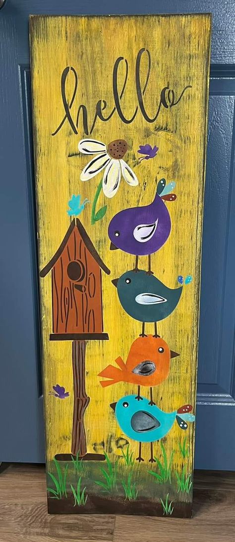 Sign Boards Ideas, Plank Art Wooden, Long Wood Board Painting Ideas, Summer Porch Boards, Welcome Boards For Porch, Spring Welcome Boards, Wood Painting Ideas Diy Wooden Signs Pallet Art, Outdoor Signs Wooden Diy Front Porch, Summer Pallet Ideas