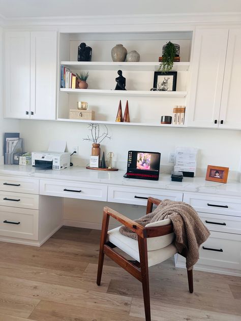 Built In Desk And Cupboards, Office Built Ins 2 Desks, Wide Desk Home Office, Home Office L Shaped Desk Layout, Office With Couch And Desk, Home Office White Desk, Built In Desk And Shelves, Office Decor Organization, Home Office Closet