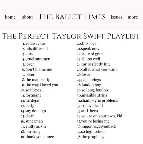 article 19: taylor swift explained: her life, music, and the perfect playlist october 18, 2024. ♡ #magazine #magazinecover #theballettimes #girls #vogue #elle #journalist #article #coquette #taylorswift #balletcore #arianagrande #magazinearticle Taylor Swift Playlist Ideas, Taylor Swift Playlist Names, Playlist For Her, Mic Aesthetic, Perfect Playlist, Taylor Swift Playlist, Yoga Party, Yoga Playlist, Playlist Names Ideas