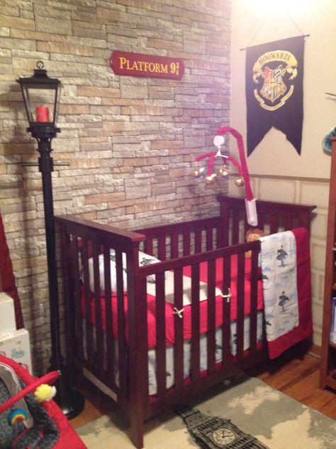 Our Harry Potter nursery- finally done Wizard Nursery, Harry Potter Baby Room, Harry Potter Baby Nursery, Harry Potter Themed Nursery, Baby Harry Potter, Harry Potter Bedroom Decor, Stile Harry Potter, Harry Potter Nursery, Nerdy Baby