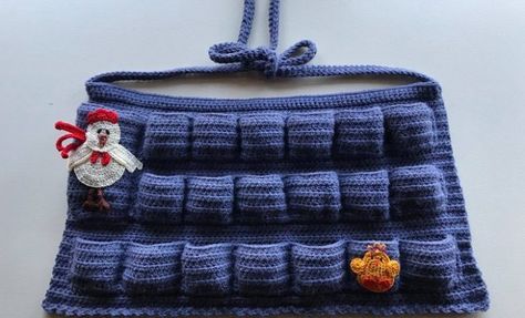 This Egg Apron Is an Eggsellent Idea With Your Name On It Egg Collecting Apron Pattern Free Crochet, Egg Apron Crochet Pattern Free, Crochet Egg Apron Free Pattern, Apron Crochet, Crocheted Dishcloths, Egg Apron, Egg Collecting Apron, Crochet Egg, Apron Pattern Free