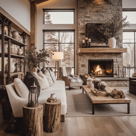 Modern Cabin Great Room, Lodge Home Interior, Modern Farmhouse Lounge Room, Mountain Home Fireplace, Cozy Mountain Home Interiors, Ski House Living Room, Modern Lodge Living Room, Modern Ranch Interior, Rustic Mountain Homes Interior