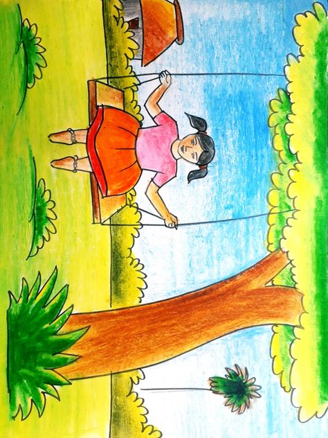 Color Pincel Drawing, Scenary Paintings For Kids, Scenary Drawings For Kids, Simple Nature Drawing, Nature Drawing For Kids, Easy Scenery, Scenery Drawing For Kids, Easy Scenery Drawing, Hand Art Kids