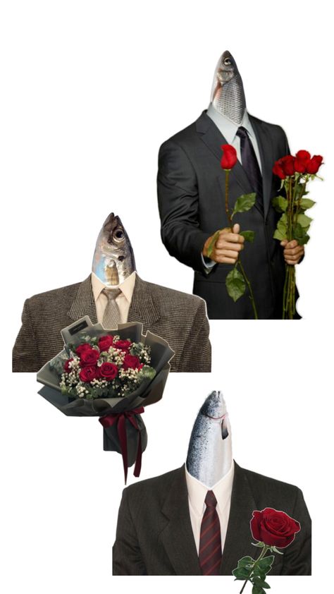 Fish in suits with roses fish Fish In A Suit, Half Fish Half Human, Fish Pictures Photography, Fish Head Drawing, Jazz Meme, Fish Kissing, Fish Person, Fish Oc, Silly Fish