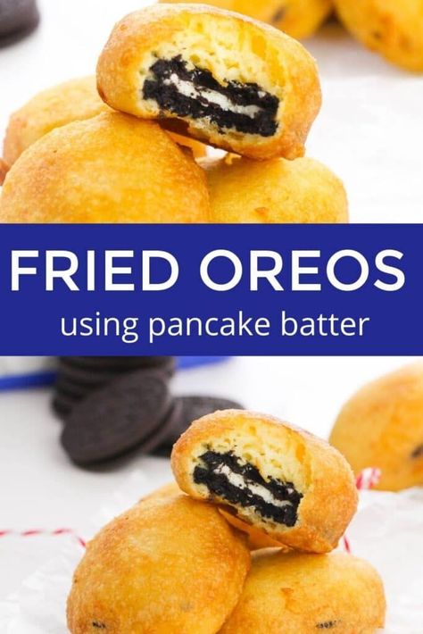 Homemade Fried Oreos, Fries Oreos, Fried Oreos Recipe, Deep Fried Oreo, Carnival Foods, Fried Oreo, Oreo Pancakes, Deep Fried Oreos, Pancake Mix Recipe