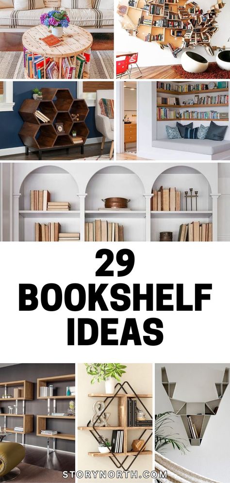 Save this pin for a collection of unique bookshelf ideas that will bring character and charm to your living space! Discover creative ways to showcase your favorite reads and decorative pieces. #HomeDecor #BookshelfIdeas #InteriorDesignInspo Interesting Bookshelves Ideas, Diy Wall Shelf For Books, Stylish Book Storage, Unique Ways To Display Books, Trendy Bookshelf, Small Home Library Design, Bookshelves Styling, Stair Bookshelf, Staircase Shelves